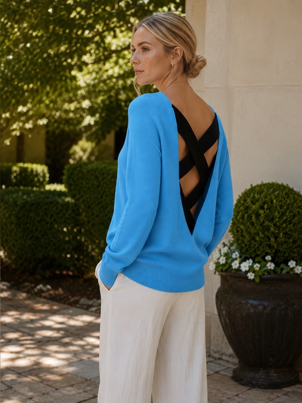 NWT MAJE Paris Sky Blue Minimalist Quiet Luxury Open Laced-Back Sweater, M